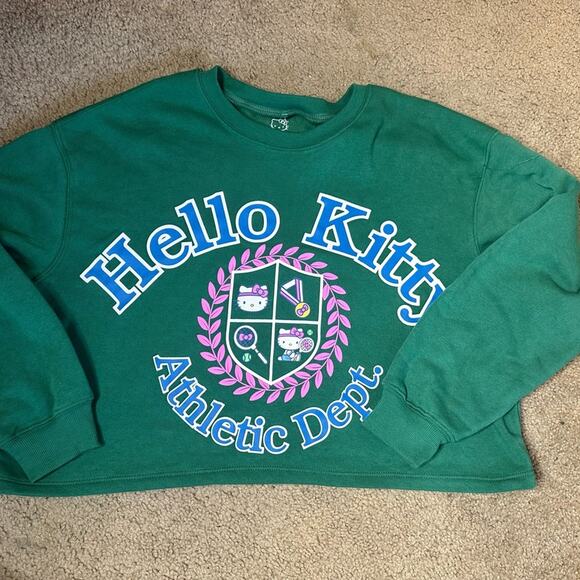 HELLO KITTY NWT CROPPED SWEATSHIRT FRONT DESIGN ATHLETIC DEPT PINE GREEN  LARGE - Picture 2 of 7